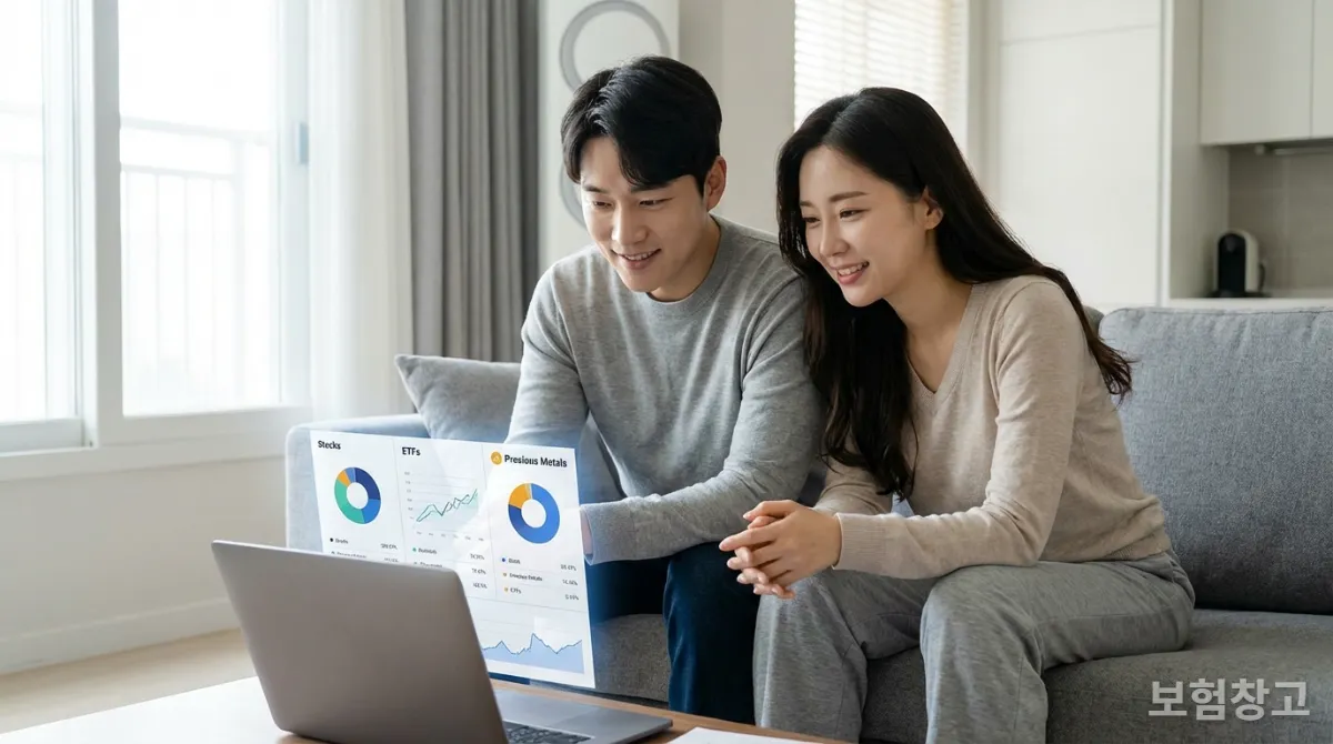 노트북으로 재테크 포트폴리오를 확인하는 한국인 부부