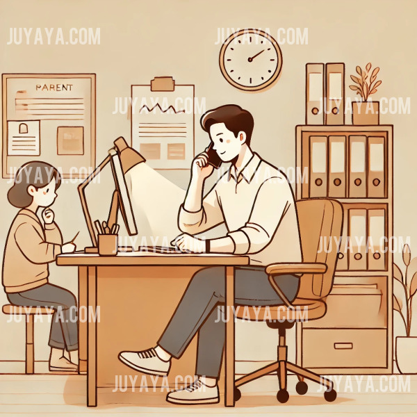 육아휴직 활용법 : 육아휴직 복귀 후 사무실 책상에서 동료와 협력하며 효율적으로 일하는 부모의 모습. 간결한 배경과 따뜻한 색감으로 표현된 웹툰 스타일.