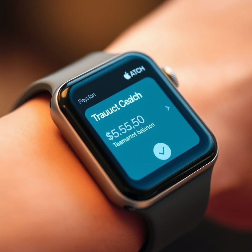 애플워치 화면에 결제 금액, 잔액, 또는 성공 메시지(예: '완료', 체크 표시)가 표시된 모습을 클로즈업합니다. 안심하고 편리하게 이용할 수 있다는 느낌을 전달합니다.