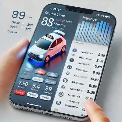 쏘카 앱 인터페이스에서 요금 계산 화면, 대여 시간, 주행 요금, 보험료가 상세히 표시된 스마트폰 화면.