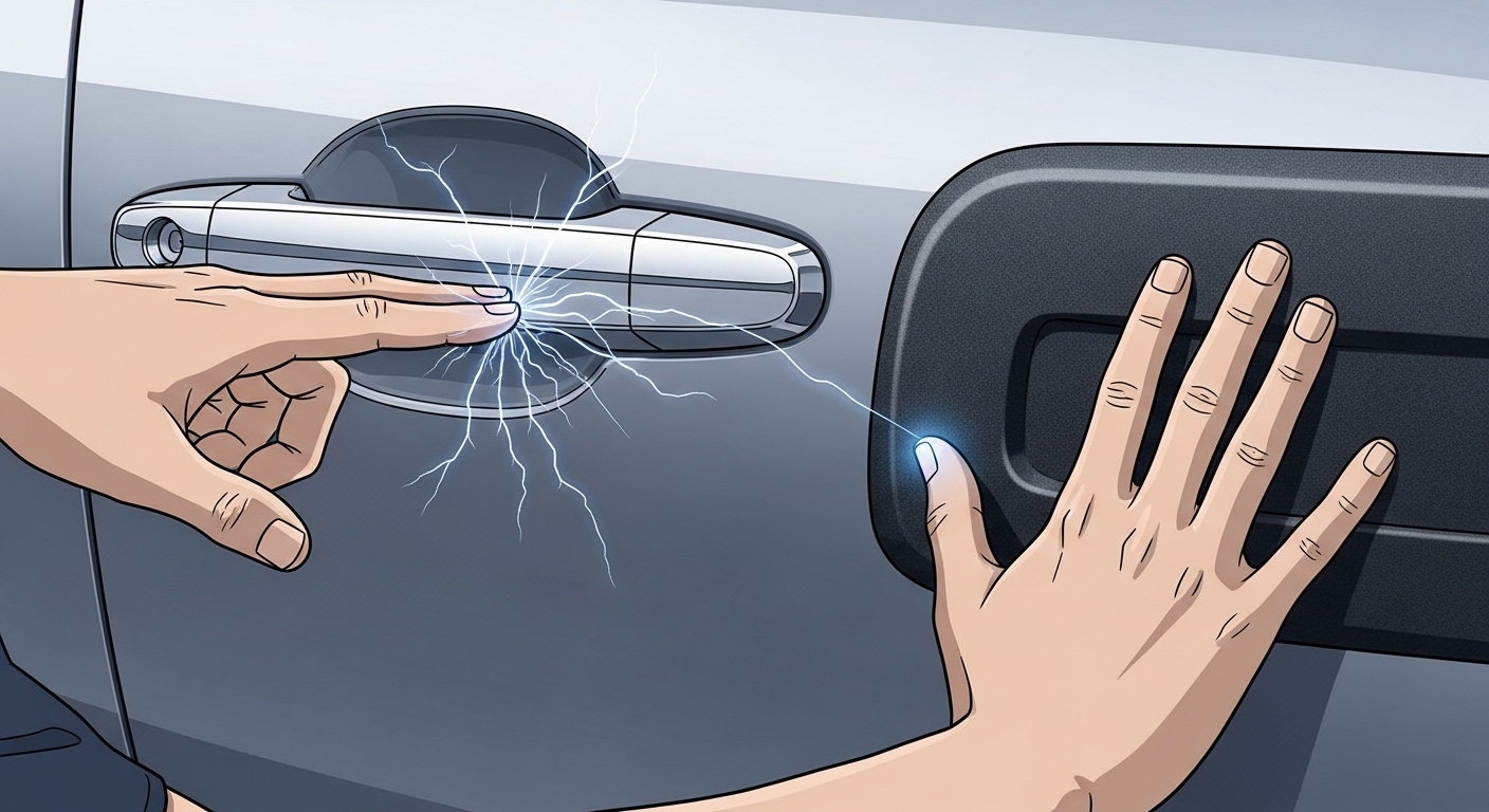 자동차 문을 열기 전 사람이 차체 비금속 부분을 먼저 만져 정전기를 방지하는 모습을 보여주는 이미지. 금속 접촉 전 접지의 중요성을 강조한다.