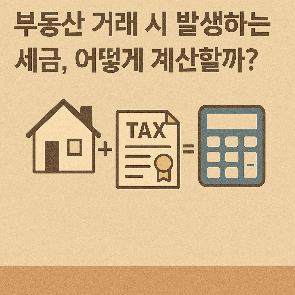 부동산-거래-시-발생하는-세금과-계산법을-설명하는-일러스트로-집과-tax-문서-계산기-아이콘이-수식으로-표현됨