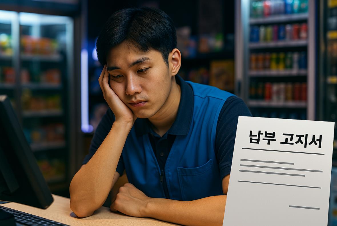 밤늦은 편의점에서 아르바이트하는 청년이 납부고지서에 의해 피곤한 표정으로 계산대에 서 있는 장면