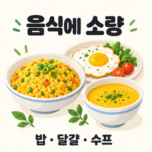 밥과 달걀 요리에 강황가루를 소량 넣는 조리 방법 일러스트