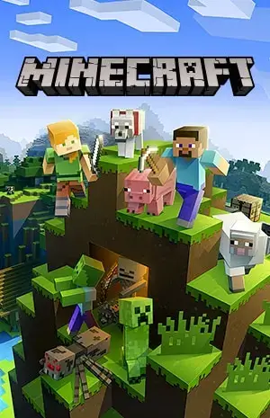 마인크래프트(Minecraft) 공식 이미지로, 산 위에서 다양한 캐릭터(스티브, 알렉스)와 동물들(늑대, 돼지, 양)이 함께 모험을 준비하는 장면. 블록 형태의 픽셀 그래픽과 다양한 몬스터(크리퍼, 거미, 스켈레톤)가 등장하며, 탐험과 생존의 분위기를 보여줌.