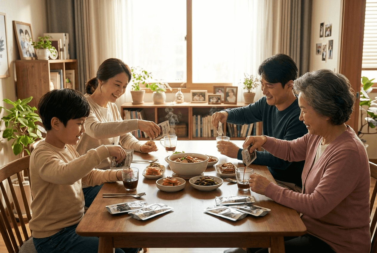 가족이 식탁에 둘러앉아 도라지 진액을 함께 잔에 따라 나누어 마시는 장면, 한국 가족