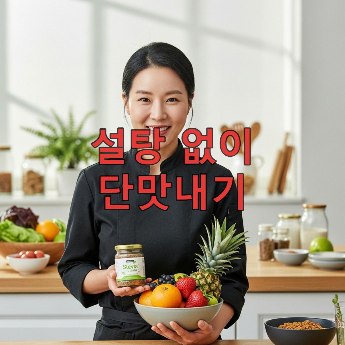 건강 전문 셰프가 주방에서 신선한 과일과 천연 감미료를 들고 환하게 웃고 있는 모습. 건강하고 맛있는 요리를 위한 천연 감미료 활용을 상징합니다.