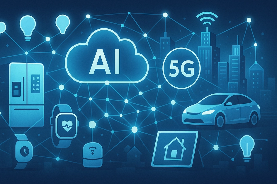 AI와 5G 기술로 연결된 미래형 IoT 네트워크와 스마트 기기들이 상호 통신하는 장면