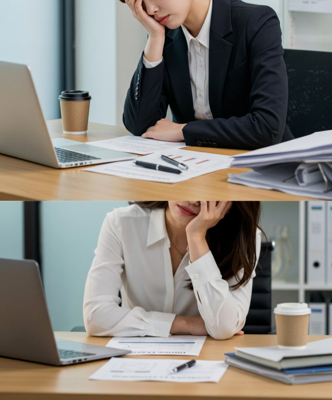 사무실에서 춘곤증으로 피로감을 느끼는 여성 직장인의 모습
