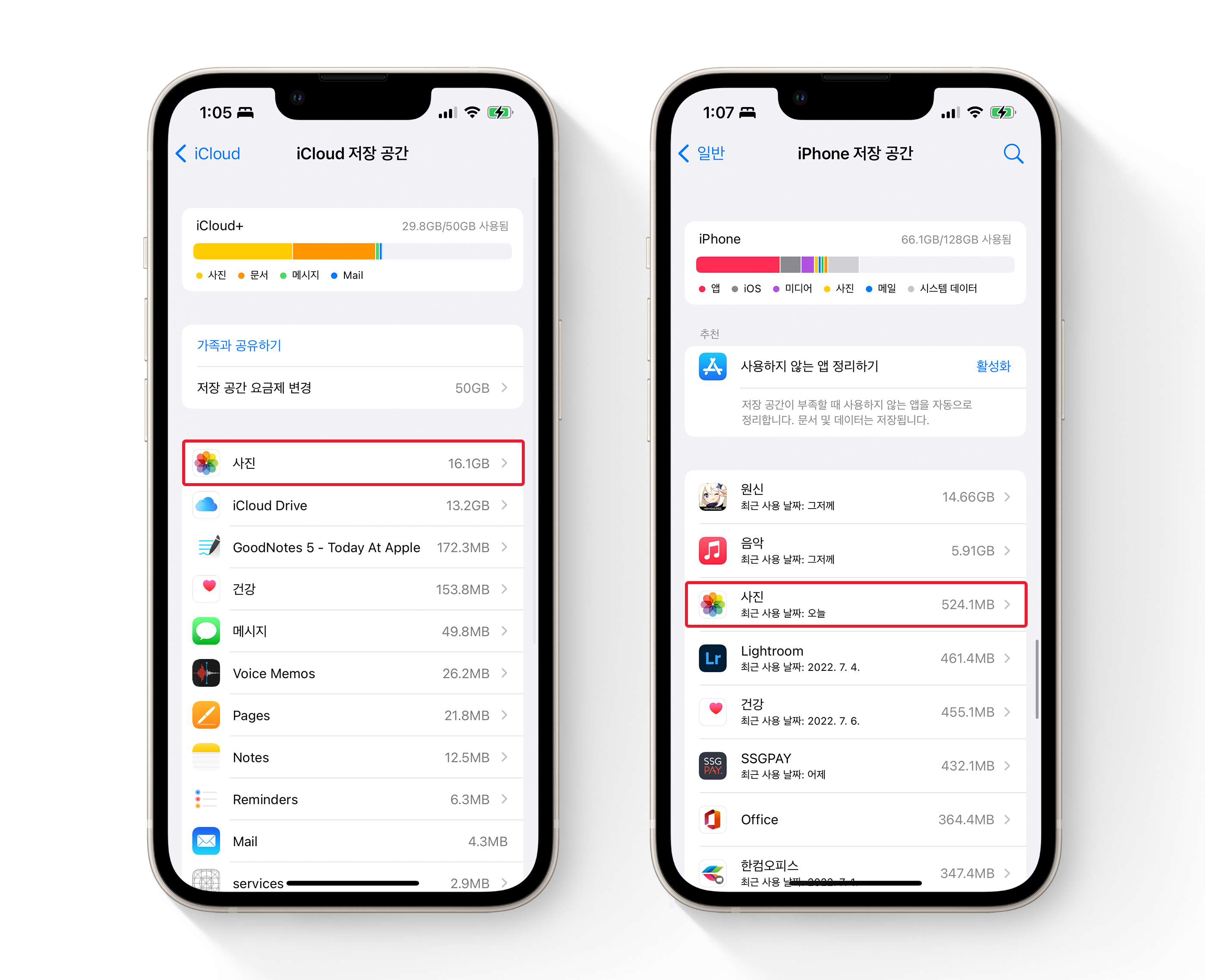 사진 왼쪽은 iPhone에 원본 사진을 저장한 상태이고, 사진 오른쪽은 iPhone의 설정> 사진에서 'iPhone 용량 최적화'를 선택하여 iCloud 사진 보관함에는 원본을, 기기에는 저용량 사본을 보관한 상태이다.