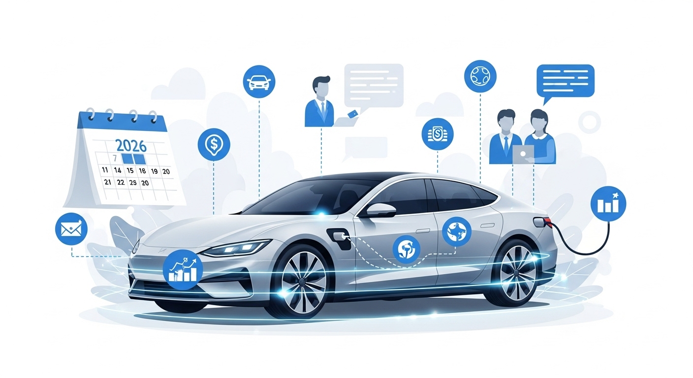 2026년 전기차 보조금 정책을 상징하는 전기차와 돈, 혜택 아이콘이 어우러진 미래 지향적인 이미지.