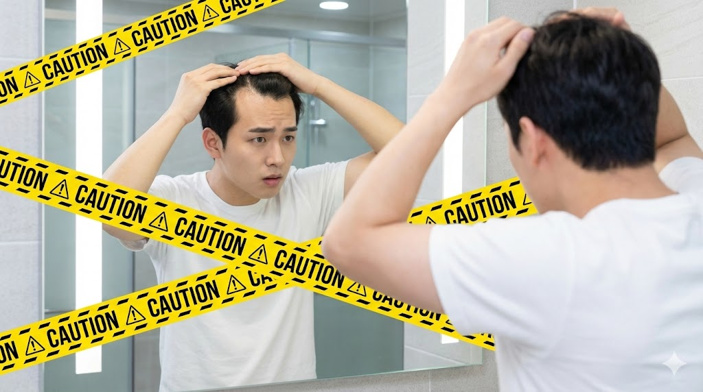 M자 탈모를 걱정하며 거울을 보는 20대 남성과 모발이식 주의 경고 이미지