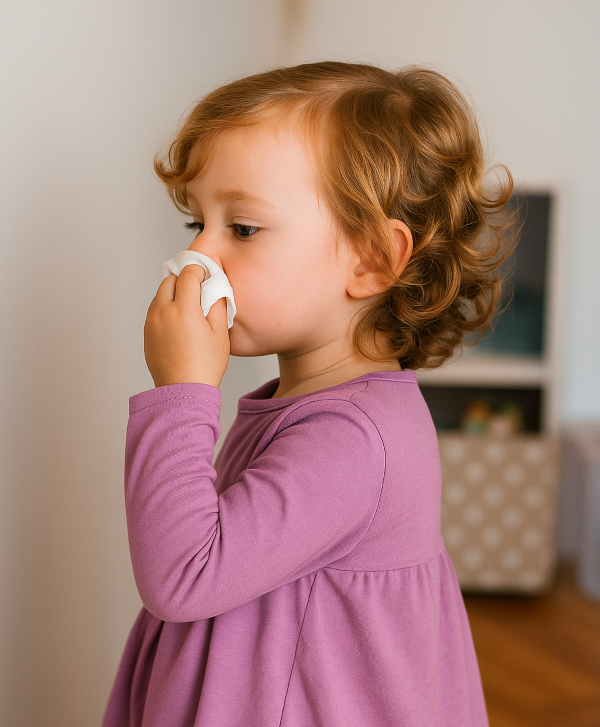 옆모습의 어린 여아가 휴지로 코를 닦고 있는 장면, 유아 알레르기성 비염 상황 묘사