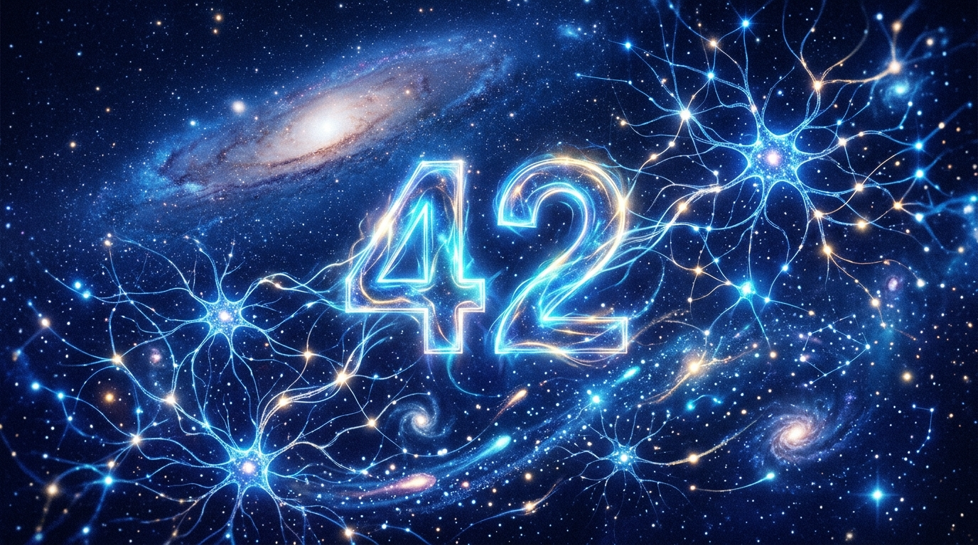 우주의 신비로운 배경에 숫자 '42'가 떠 있고, 그 주위를 100조 개의 뇌 시냅스가 감싸고 있는 몽환적 그래픽