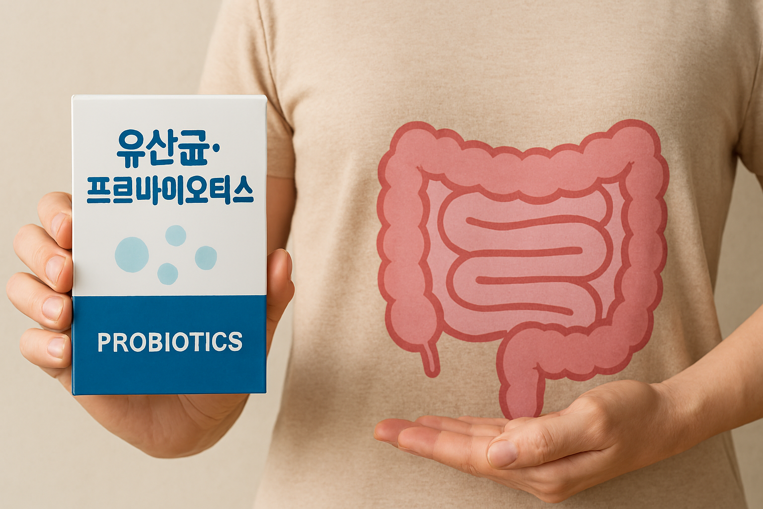 유산균&middot;프로바이오틱스 제품을 손에 들고 있는 사람의 장 건강 컨셉 사진