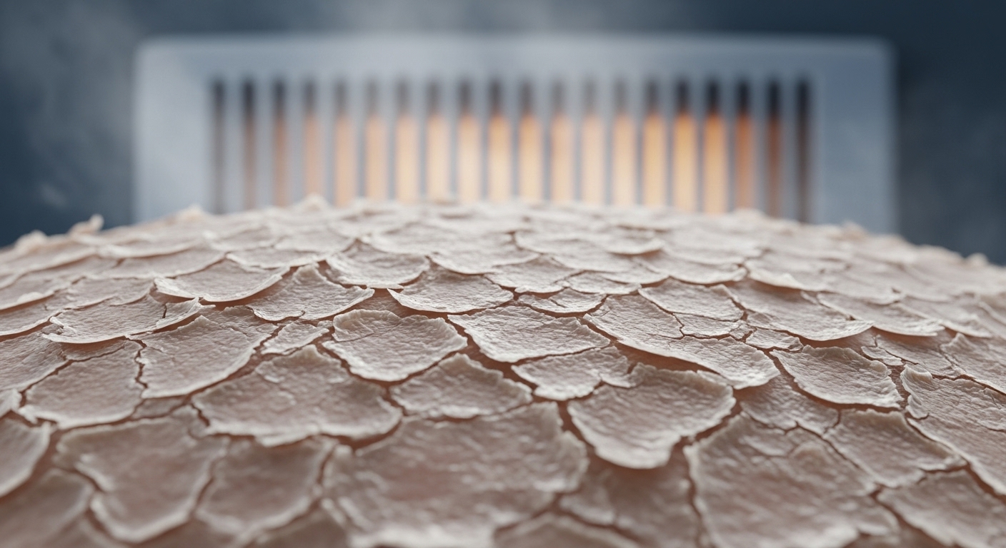 현미경으로 본 건조하고 갈라진 피부 표면과 그 뒤로 보이는 차가운 겨울 바람 이미지. 겨울철 피부 건조의 심각성을 나타낸다.