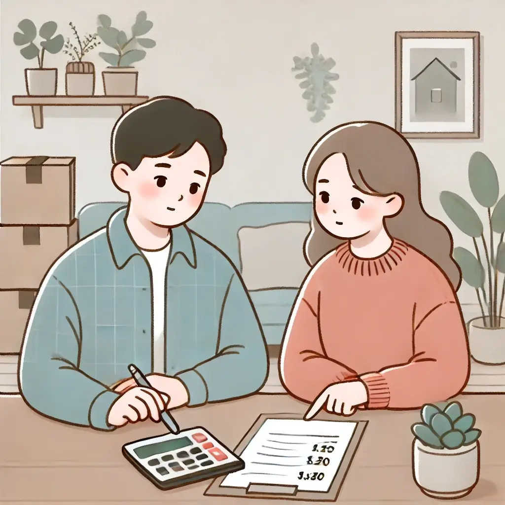 이사 비용 계산 중인 부부가 테이블에서 계산기를 사용하는 모습