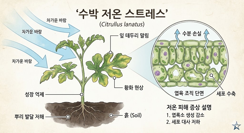 저온 스트레스로 인해 수박 잎이 말리고 황화되는 생리학적 과정을 설명하는 인포그래픽 삽화