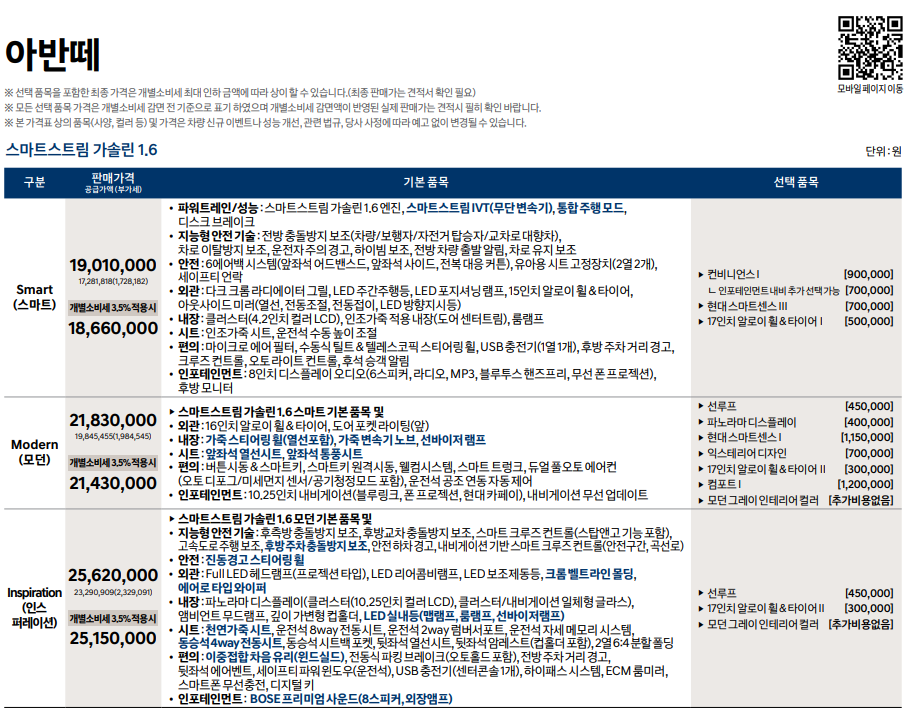 아반떼 공식 가격표 & 카탈로그 & 옵션별 가격