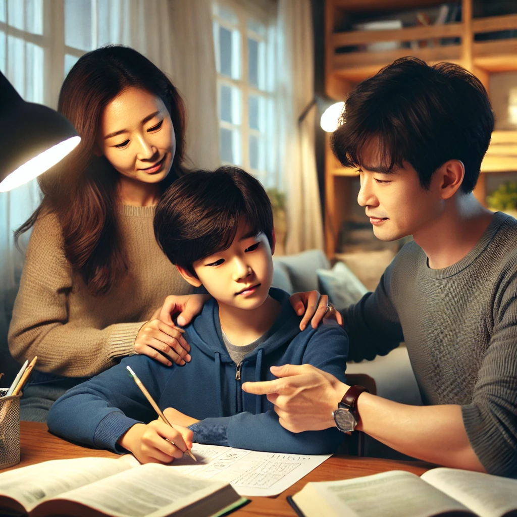 집안의 아늑한 공부방에서 숙제나 퍼즐 문제를 해결하려는 아들을 따뜻하게 돕는 부모, 문제를 가리키며 격려하는 어머니와 어깨를 두드리며 응원하는 아버지, 책과 조명이 어우러진 편안하고 집중적인 학습 환경.