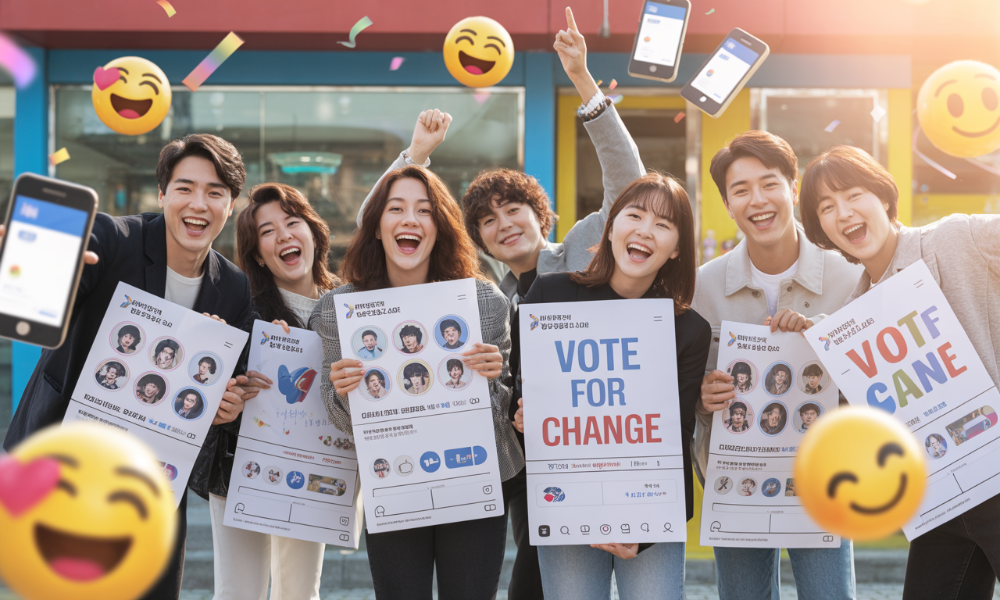 MZ세대가 투표 인증 용지를 들고 SNS에 투표를 독려하는 모습, 다양한 캐릭터와 팬덤 문화가 결합된 창의적인 투표 인증샷 트렌드를 보여줌