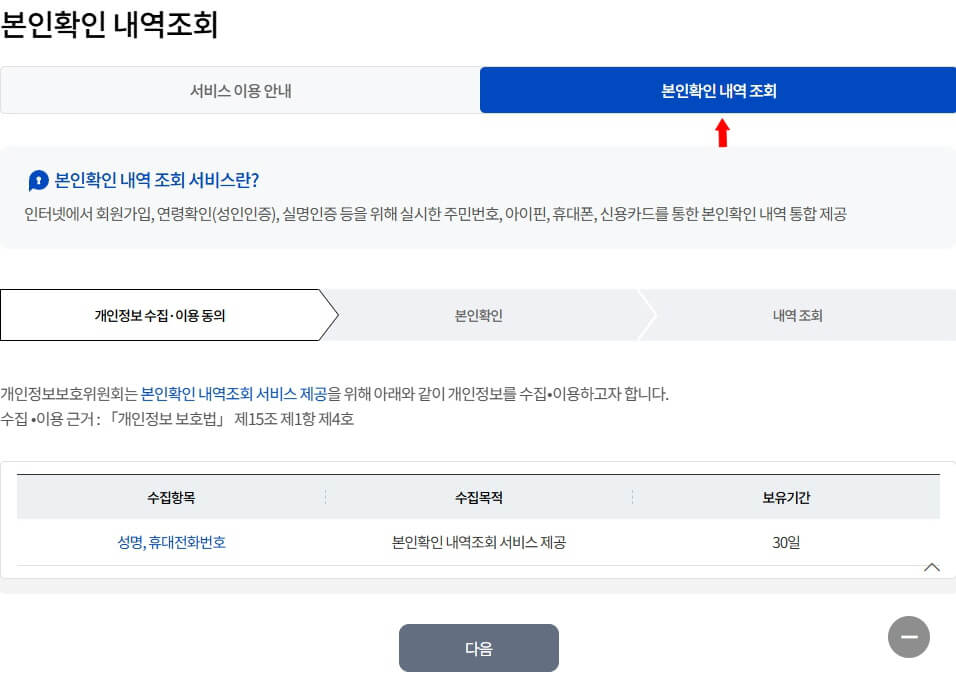 개인정보 포털 본인확인 내역조회 화면