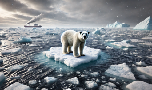 빙하가 녹아 얼음 위에 서 있는 백곰