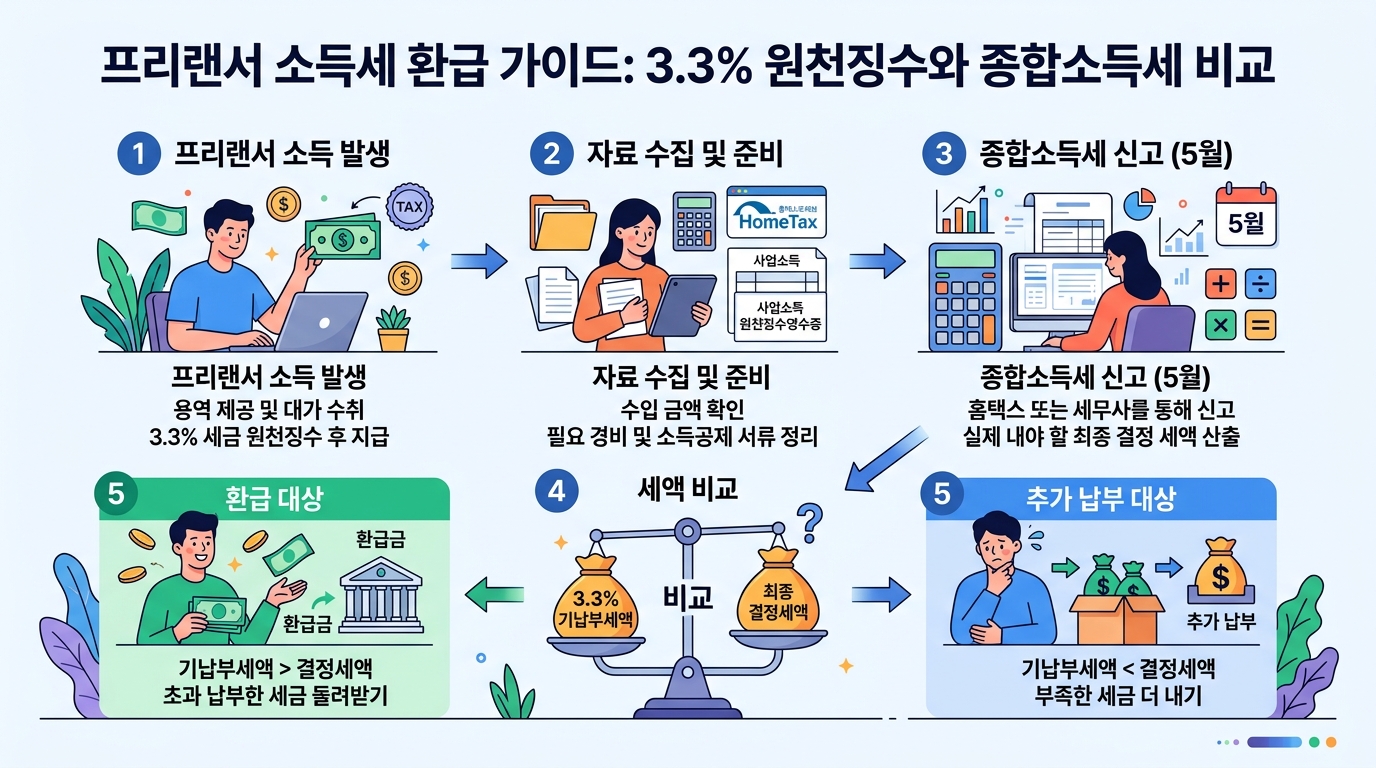 프리랜서 소득에서 먼저 뗀 3.3% 세금과 실제 내야 할 세금을 비교하여 환급받는 과정 인포그래픽
