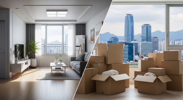 2026년 리모델링과 이사 비용 비교를 상징하는 아파트 내부 공사와 이삿짐 장면