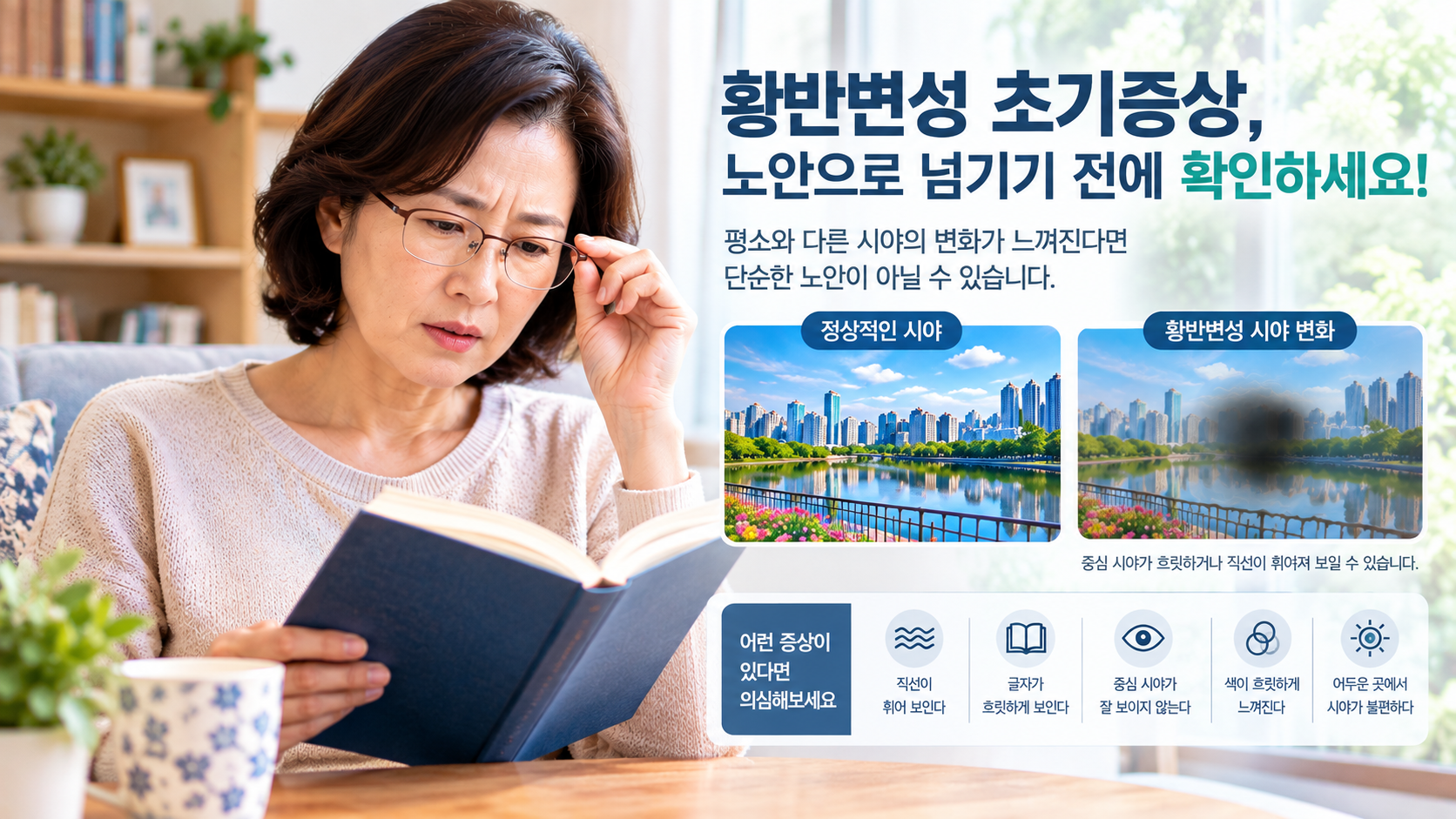 중년 성인이 책을 읽으며 시야의 변화를 확인하는 모습, 황반변성 초기증상 건강정보