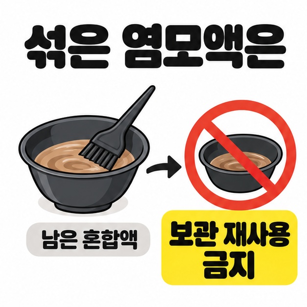 브러시가 담긴 염모용 볼의 남은 혼합액에서 금지 표시가 있는 볼로 화살표가 이어지고 보관 재사용 금지를 안내한 그림
