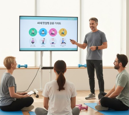 40대 남여가 나이에 맞는 운동방법에 대해 강의를 듣고 있다