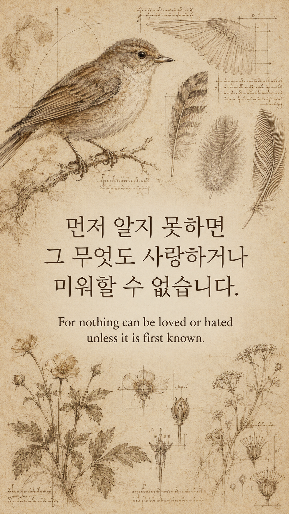 먼저 알지 못하면 그 무엇도 사랑하거나 미워할 수 없습니다. &mdash; 작은 새의 깃털과 들꽃 구조를 연구한 다빈치풍 은필 및 갈색 잉크 드로잉, 종이 질감