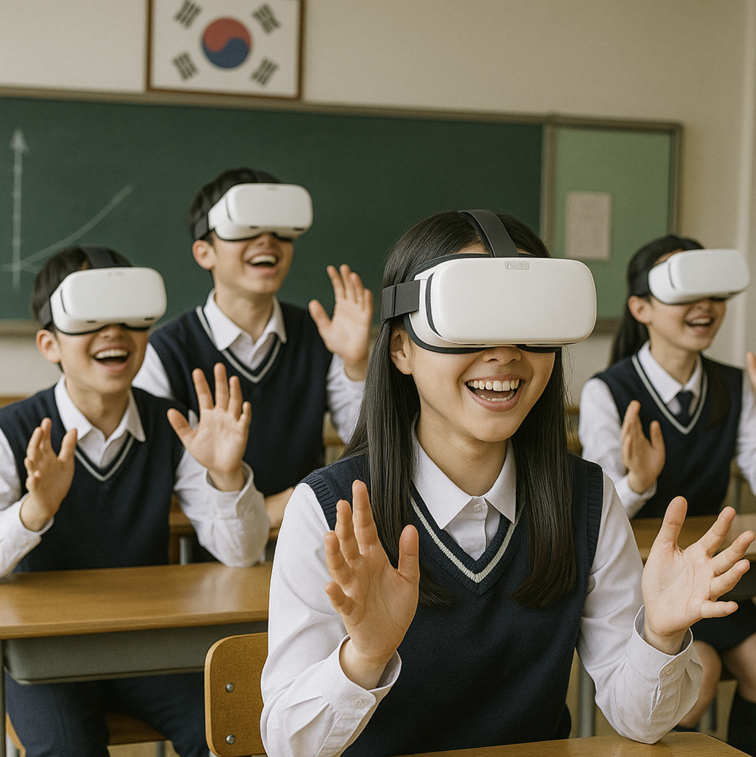 VR 수업에 즐거워하는 한국 학생들