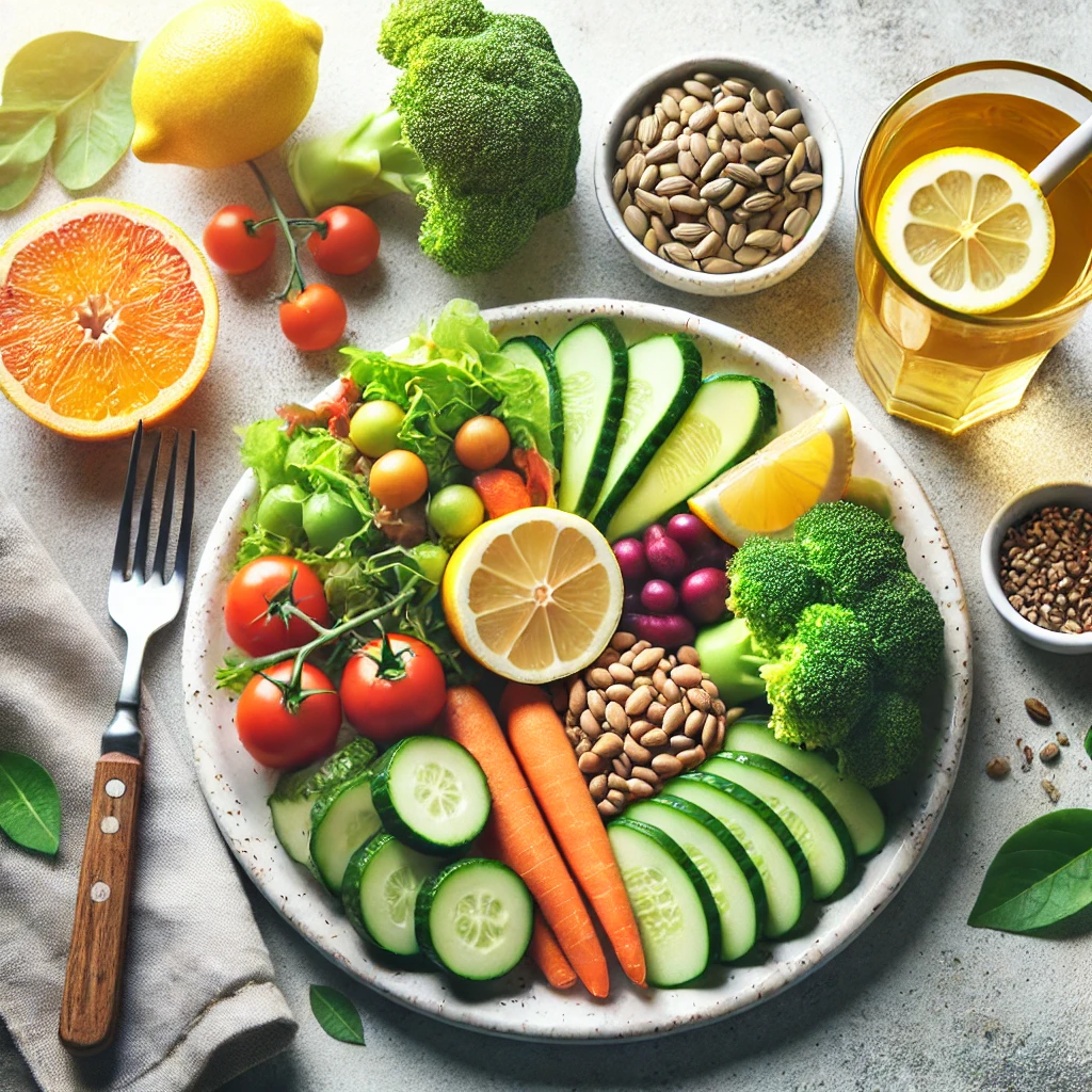 건강한 식습관, 채소, 과일, 단백질, 통곡물이 포함된 균형 잡힌 식사