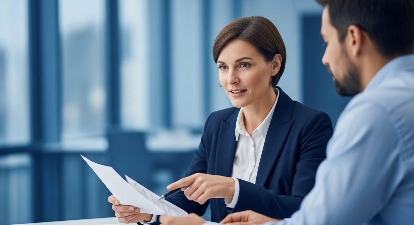 세무 전문가가 고객에게 2025년 세법 개정안에 대해 상담하며 중요한 내용을 설명하는 모습