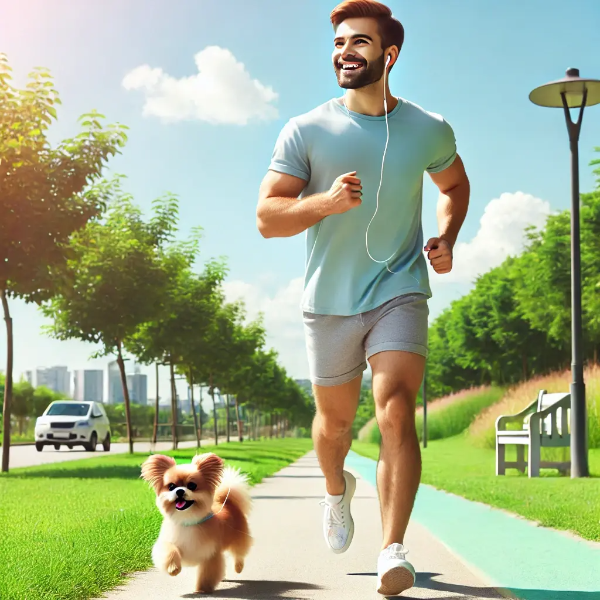맑은 하늘 아래 공원길을 따라 반려견과 함께 조깅하는 젊은 남성의 활기찬 초고해상도 사진
