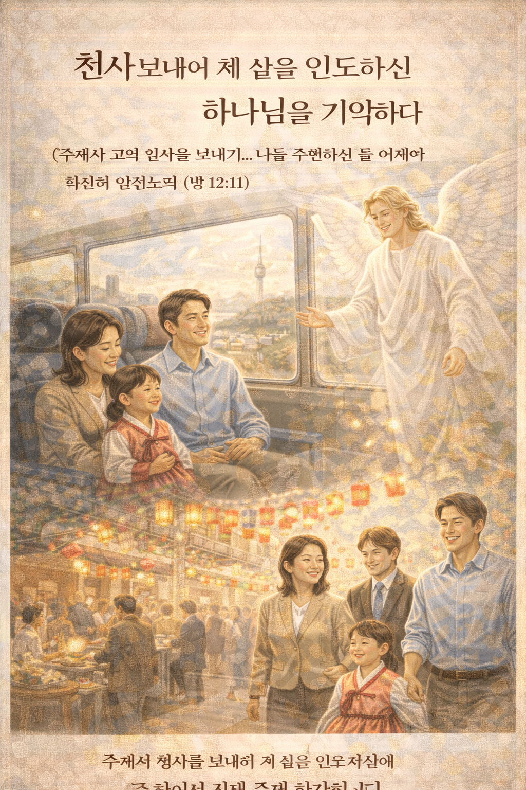 행12:11 말씀을 보며&amp;#44; 베드로의 삶에서 자신을 구원해주신 주님을 생각하며 살아가는 삶을 베드로 자신이 살아갔던 것처럼&amp;#44; 저도 하나님께서 천사를 보내어 제 삶을 주관하신다는 것을 인지하며 살아가는 시간을 갖는 것을 적용하겠습니다^^ 오늘 가족들과 설명절을 맞아서 서울로 가는 일정을 통해 천사를 보내어 제 삶을 인도하신다는 것을 생각하며 큰 감사와 기쁨 가운데 살아가는 시간을 가지는 모습입니다.