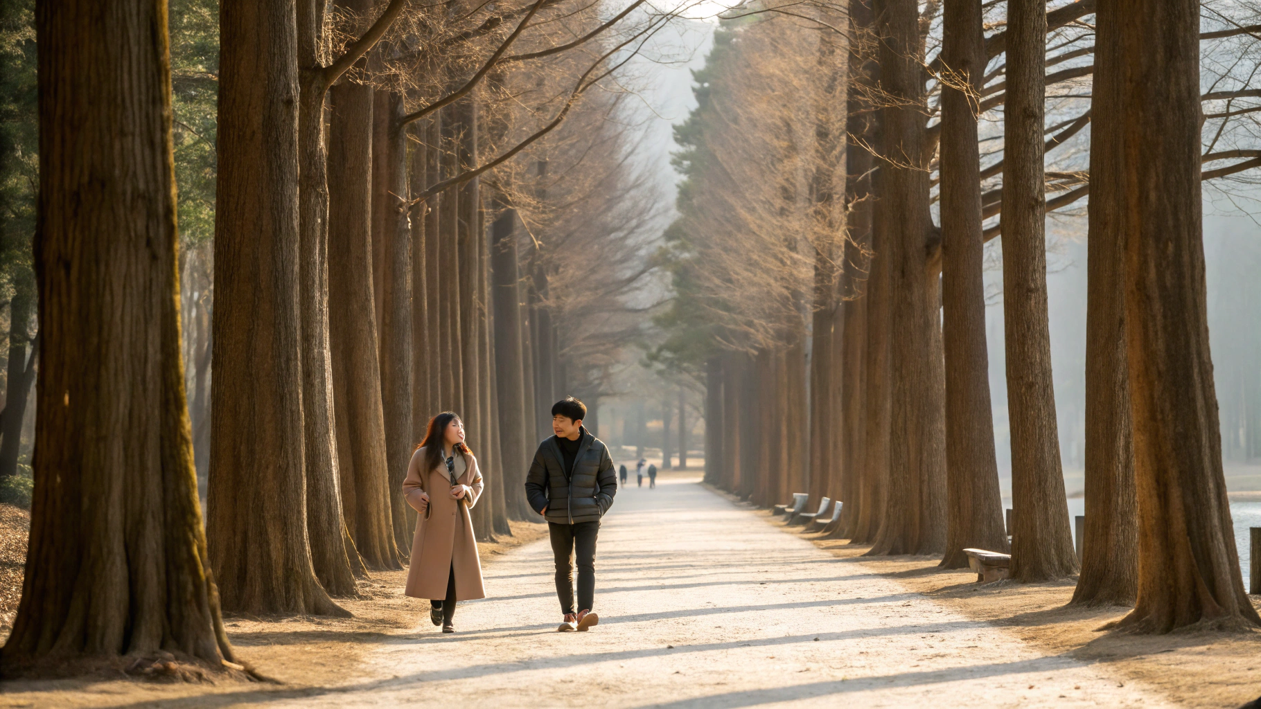 메타세쿼이아길 걷기 - 영화 속 한 장면처럼
남이섬의 대표 명소 메타세쿼이아길은 수많은 드라마와 영화에 등장한 로맨틱 명소입니다.
키 큰 나무들이 만들어낸 푸른 터널 아래를 걷다 보면 자연스럽게 감성이 차오릅니다.