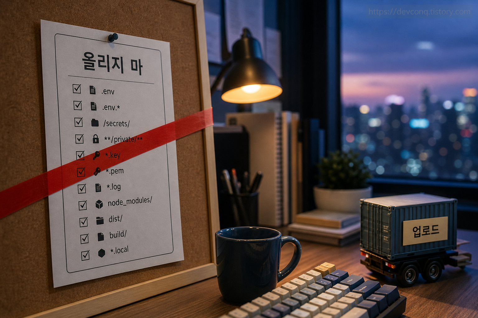 깃허브 업로드 앞에 놓인 출입 차단봉과 '올리지 마' 블랙리스트 명단