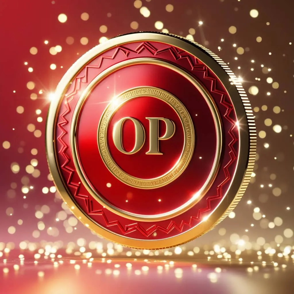 옵티미즘 코인을 실물 코인 모양으로 나타낸 OP 로고가 박힌 상상의 금빛 코인 이미지.