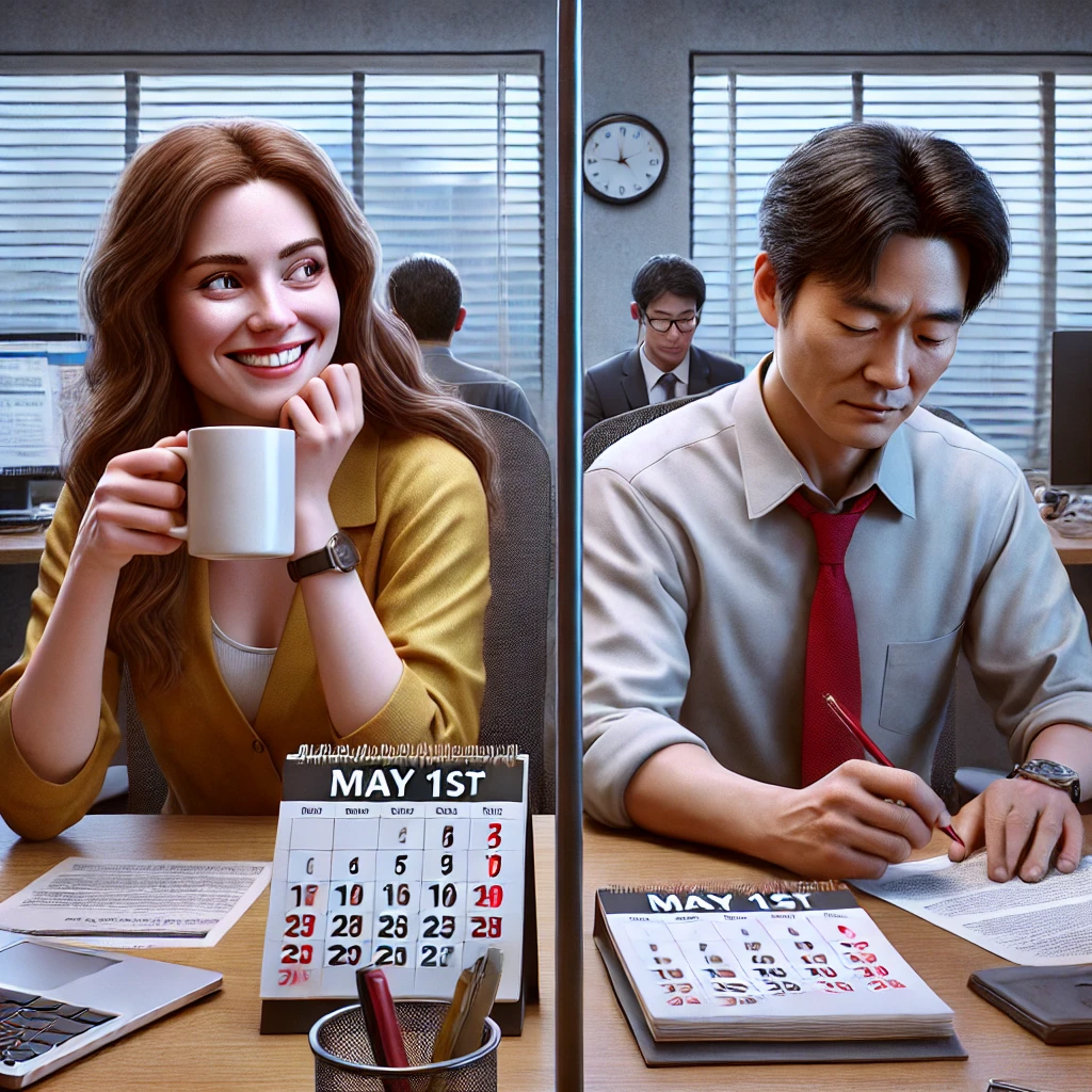 정규직과 비정규직 근로자가 나란히 앉아 근로자의 날을 다르게 맞이하는 모습