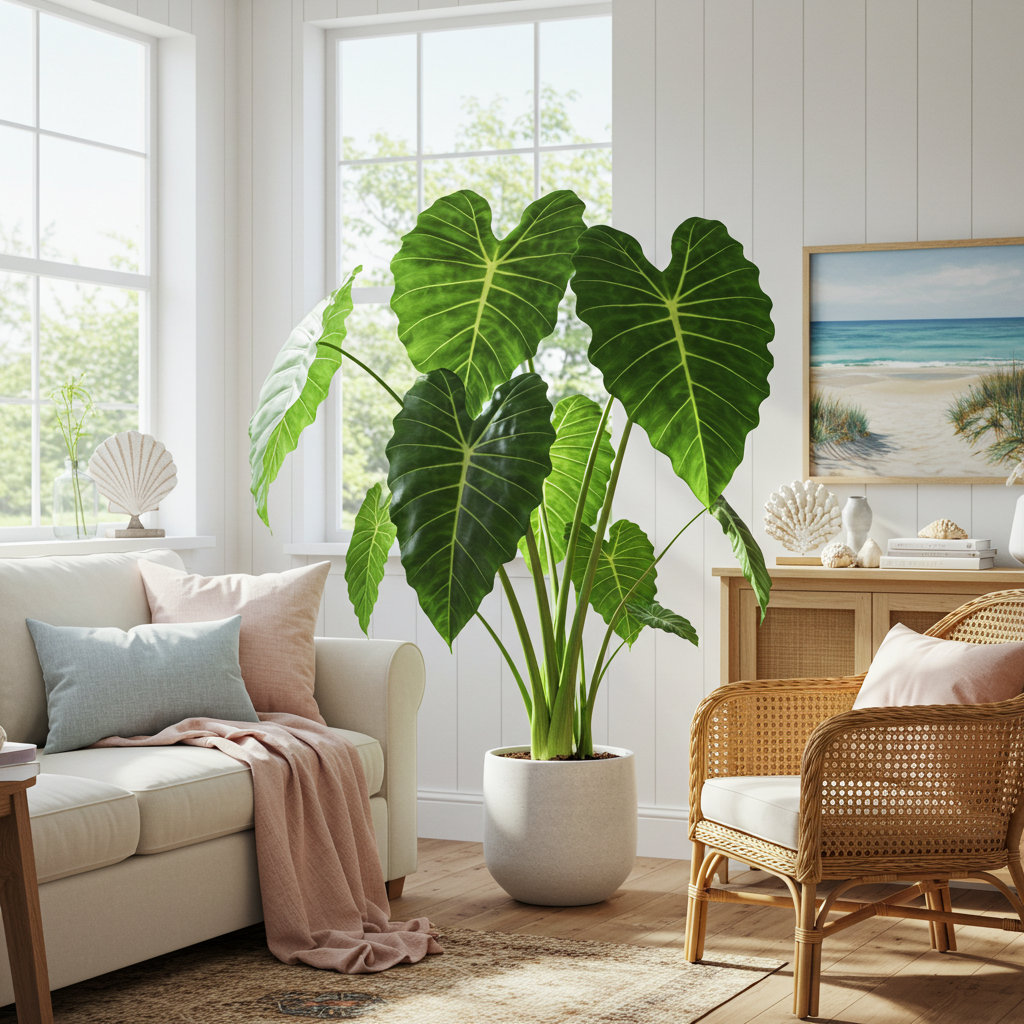 알로카시아 식물이 있는 여름 분위기의 인테리어 이미지