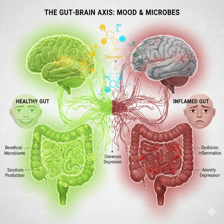 인간의 소화기관과 뇌가 밝은 신경망으로 연결된 모습에 한쪽은 건강한 장(밝은 초록색 유익균)과 행복한 표정, 다른 쪽은 염증이 있는 장(어두운 붉은색 유해균)과 우울한 표정을 대비시킨 의학 일러스트. 중앙에는 세로토닌과 도파민 분자가 장에서 뇌로 이동하는 모습이 표현된 교육적이면서도 감성적인 이미지