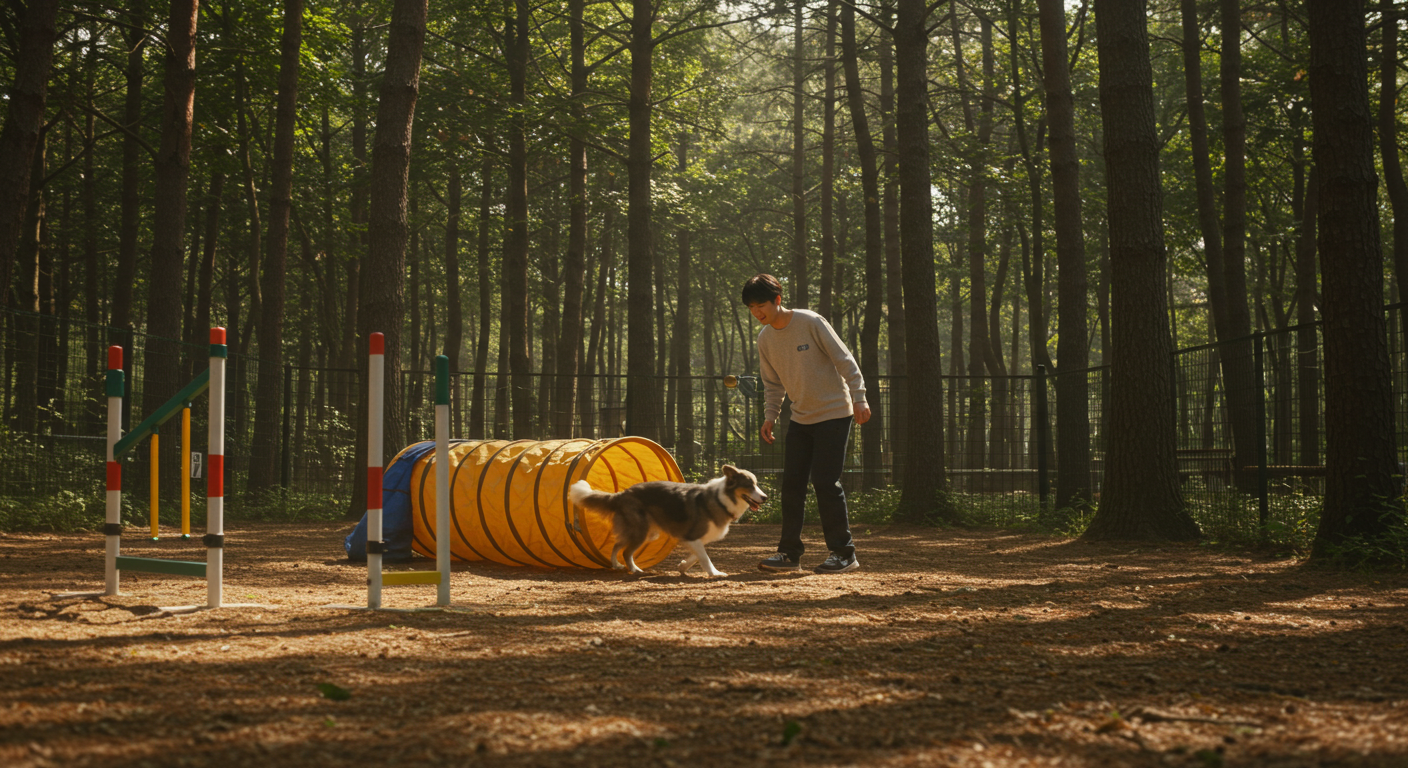 홍천 숲속 애견 카페 놀이터에서 반려견과 노는 한국인