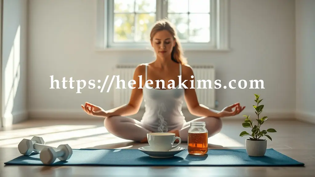밝은 자연광이 스며드는 깔끔한 공간. 여성이 요가 매트 위에서 평온하게 스트레칭 또는 명상하는 모습. 옆에는 가벼운 아령, 허브차, 그리고 생기 넘치는 작은 식물이 조화롭게 놓여 규칙적인 운동, 스트레스 관리, 건강한 휴식의 시너지를 표현한 이미지.