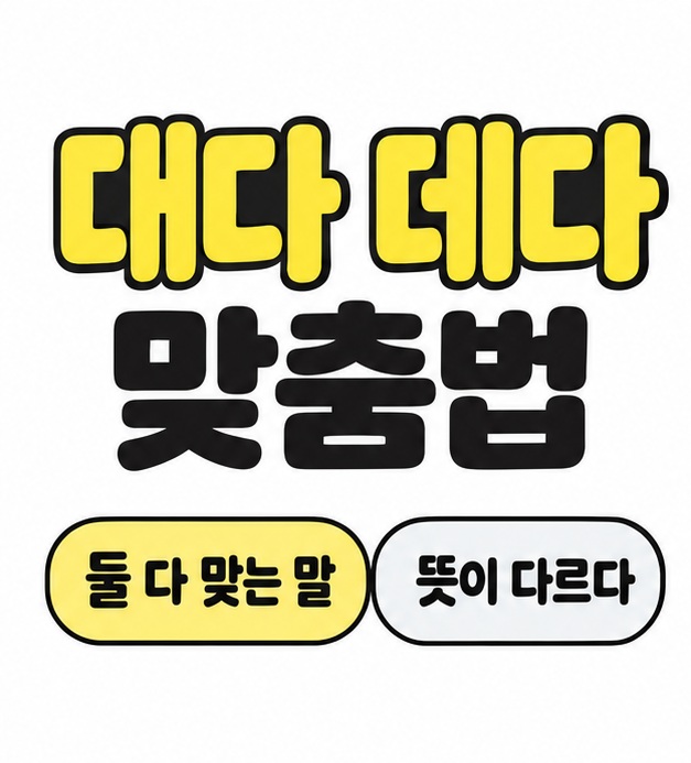 대다 데다 맞춤법 제목 아래 둘 다 맞는 말이며 뜻이 다르다는 문구를 배치한 대표 썸네일