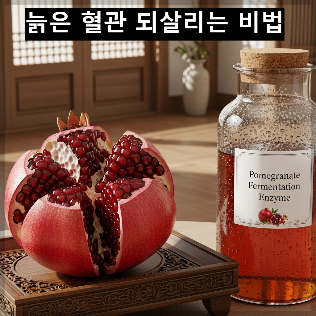 한국 전통 주방 소반 위에 놓인 잘 익은 붉은 석류 알맹이들과 유리병에 담긴 정갈한 석류 발효 효소의 모습