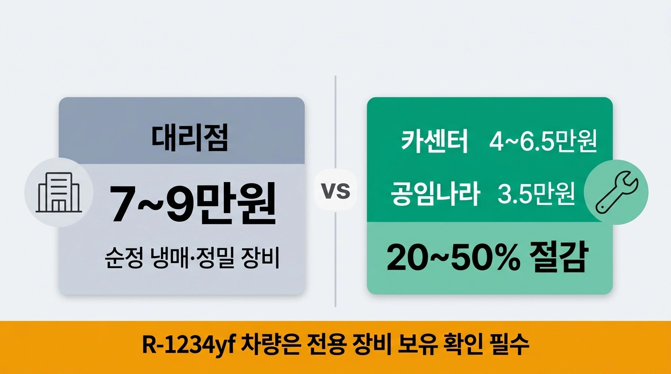 2026년 대리점 카센터 공임나라 에어컨 냉매 충전 비용 비교 인포그래픽