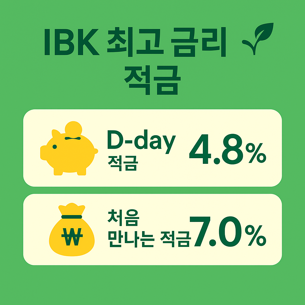 기업은행 적금 금리 총정리에서 D-day 적금 4.8%와 처음 만나는 적금 7.0% 등 대표 상품의 금리를 소개하는 인포그래픽